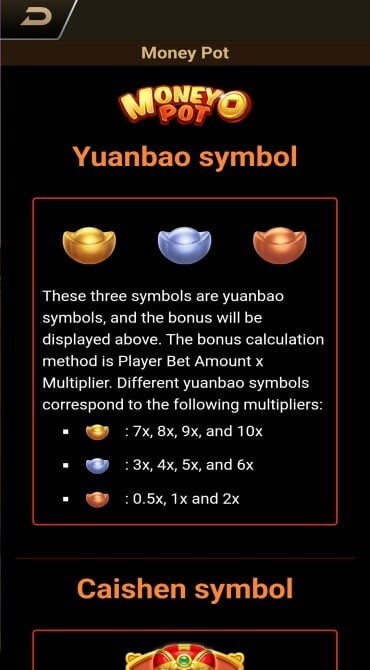The Money pot slot's standard paying symbols and their payout values.