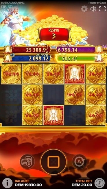 The Power of Zeus jackpot minigame in action. Gold coins and jackpot symbols stick to the grid and feed into the four jackpots above.