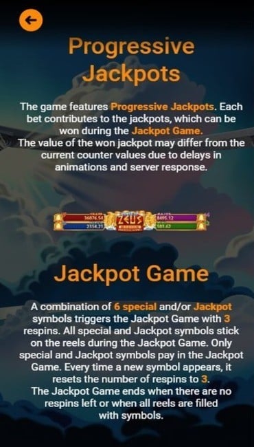 A screenshot from Power of Zeus explaining its four progressive jackpots, color-coded green, blue, purple, and red.