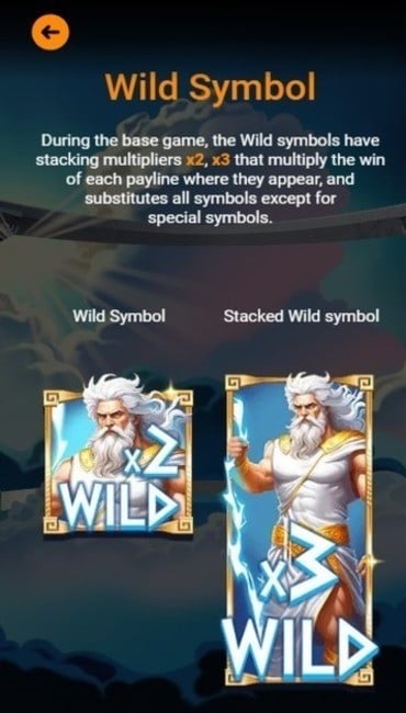 A screenshot from Power of Zeus showing standard and expanded wilds symbols from its paytable.
