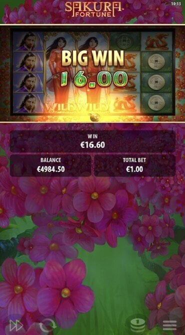 A screen grab of a bonus win in the Sakura Fortune slot