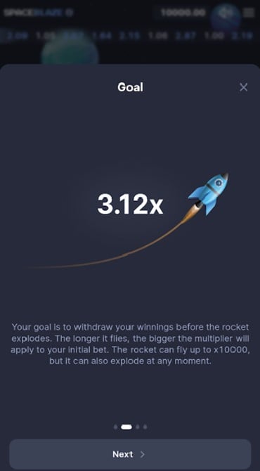 Screenshot explaining the premise of the Space Blaze crash game