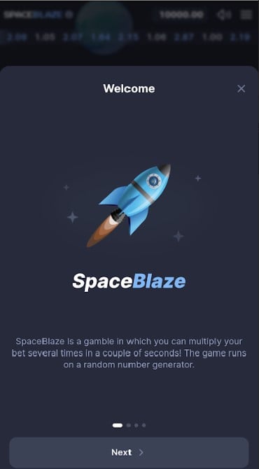 Screenshot of the Space Blaze intro page