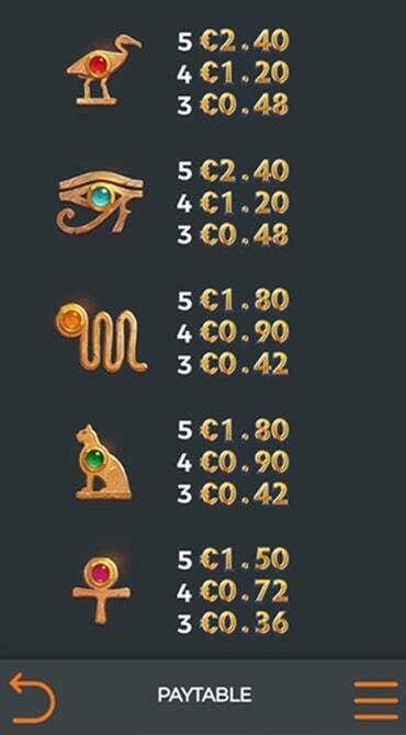 Check out the least valuable base game symbols to look out for in the Valley of the Gods game, at the bottom of this slot’s paytable.