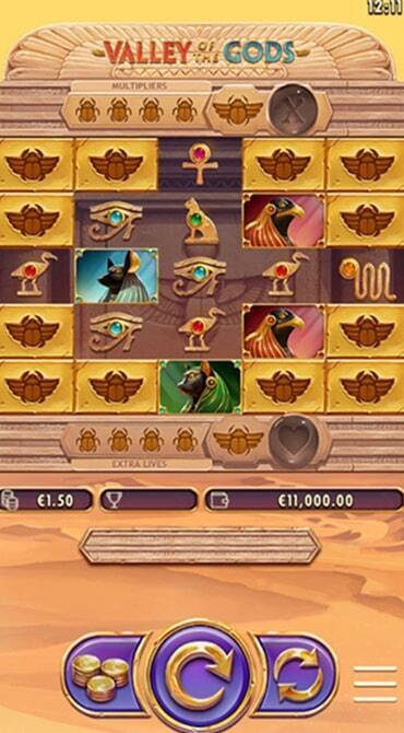 This is an example of the standard reel grid of the Valley of the Gods slot, with all Blockers active on-screen.