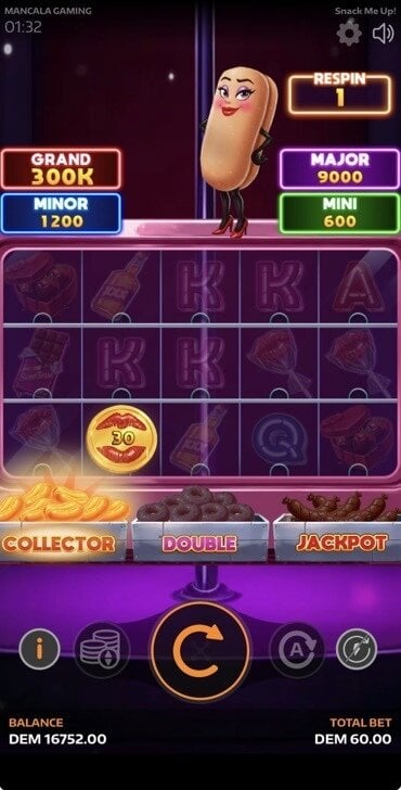 Mancala Gaming Snack Me Up game's bonus round with sausage