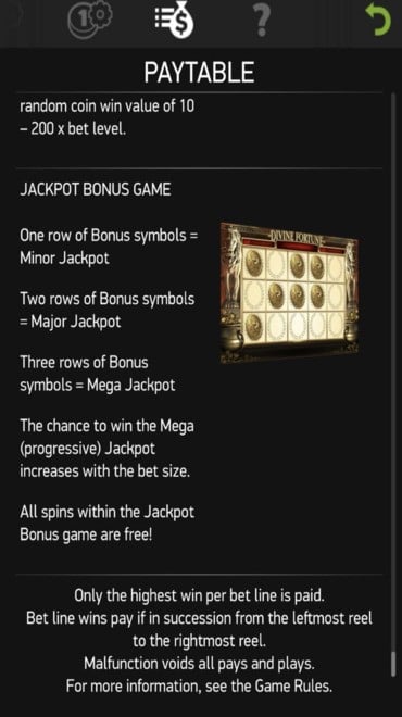 Popular jackpot slot, Divine Fortune’s paytable.