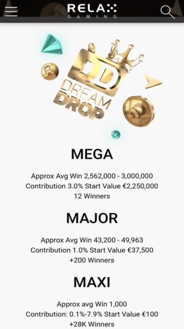 Relax Gaming’s Dream Drop jackpot which features a 3,000,000€ average win.