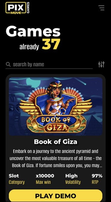 This image displays the game library of Pixmove, including slot games and instant-win casino games.