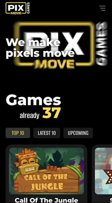 This is the homepage of Pixmove, showcasing its mission statement and the latest slot games off the studio's conveyor belt.