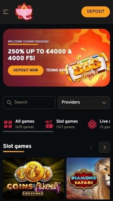 The Lucky Trunk lobby which contains their top promotions, a search bar, and filter tabs for their selection of games.