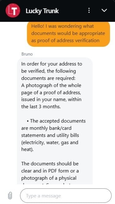 A live chat showing Lucky Trunk's helpful answer to a query about verification documents.