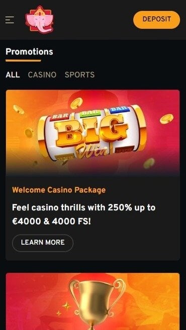 Lucky Trunk's promotions page, with their 'welcome casino package' taking the top spot.