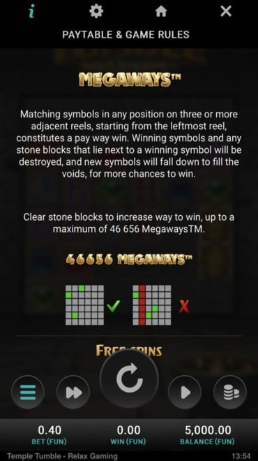 Temple Tumble Megaways rules that explain how cascading reels work.