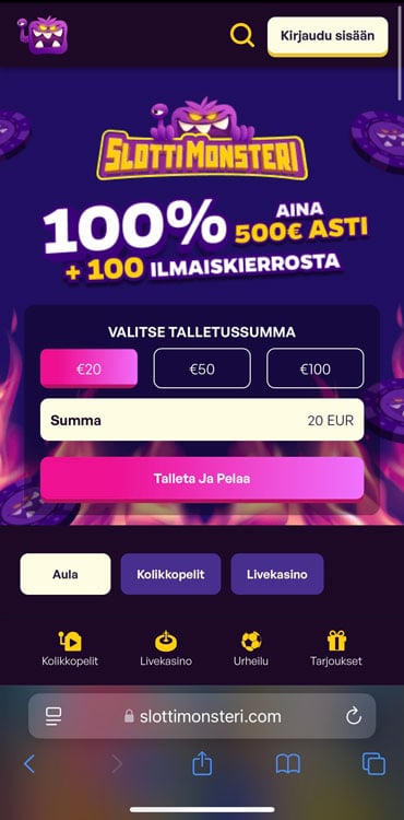Slotti Monsteri -nimisen Trumo kasinon etusivu, jossa valitset talletussummasi.