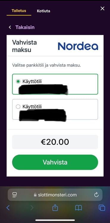 Pankkitilin valitseminen talletuksen tekemistä varten.