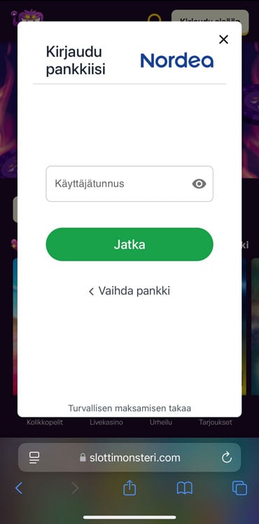 Tunnistautumisikkuna, jossa suoritetaan vahva tunnistautuminen verkkopankkitunnuksilla.