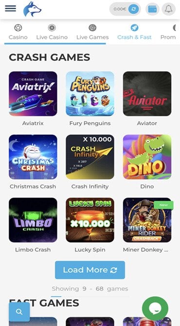 Explore the newest crash games at Wolfy Casino, which totals 68, as well as ‘fast’ games.