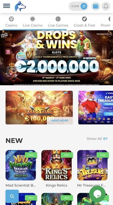 The Wolfy Casino homepage displays the newest online slot titles and promotions for new and existing customers.