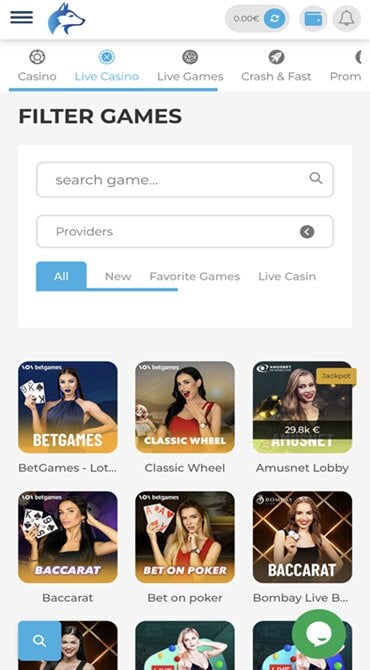 Get a glimpse of the latest live dealer casino games at Wolfy Casino, with a chance to search by game name or provider.