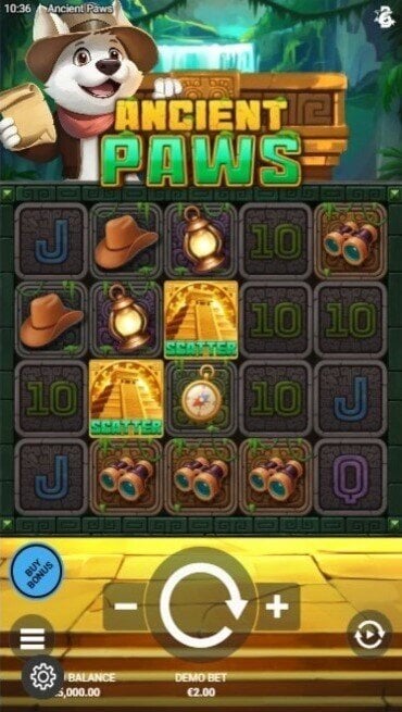 A still from Bullshark Games’ Ancient Paws, an Aztec adventure slot featuring a cartoon dog as a main character.