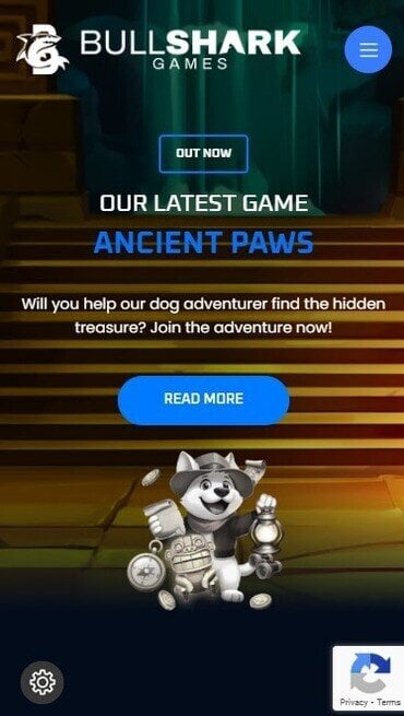 Bullshark Games’ homepage showing one of their latest releases – Ancient Paws.