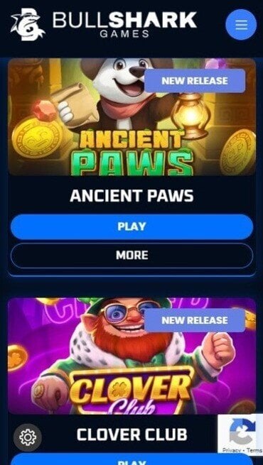 Bullshark Games’ scrollable library of slot games, ordered by new releases like Ancient Paws and Clover Club.