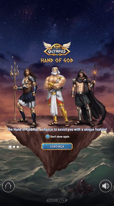 This is the Rise of Olympus home screen, explaining the popular Hand of God reel modifier.