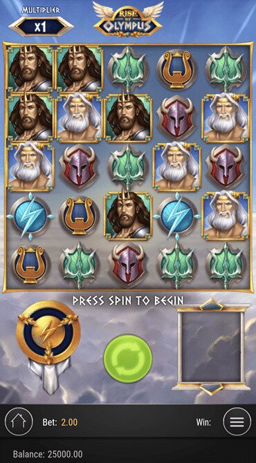 Discover the 5x5 reel grid of Rise of Olympus, showcasing the available multiplier and spin button.