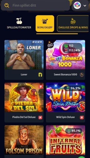 Skjermbilde av bonuskjøp-kategorien i spillutvalget hos Hellspin casino