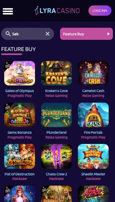 Skjermbilde av feature buy-kategorien i spillutvalget hos Lyra Casino