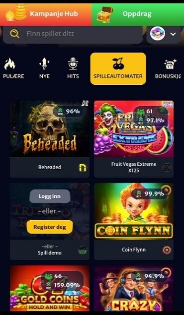 Eksempel på utvalg av spilleautomater hos et nettcasino, her Hell Spin casino