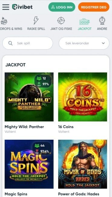 Skjermbilde av jackpotspillene hos ivibet casino