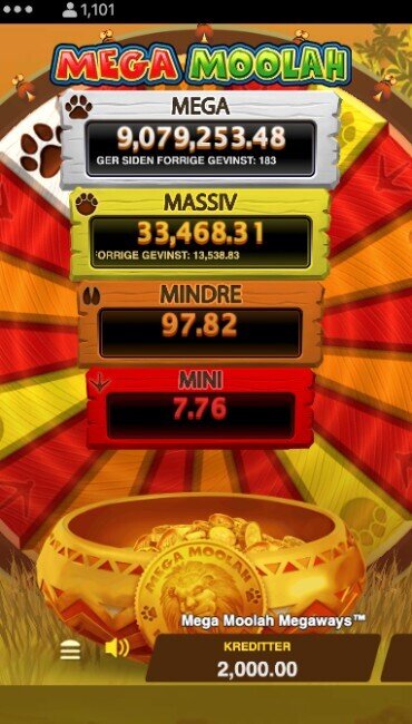 Skjermbilde av jackpotautomaten Mega Moolah Megaways med fire progressive jackpotter
