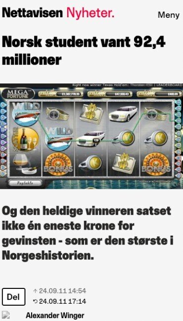 Skjermbilde av nettavisen, norsk student van 92,4 millioner