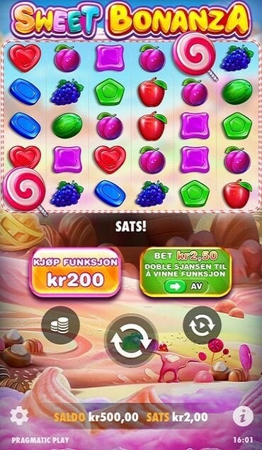 Skjermbilde av spilleautomaten Sweet Bonanza med klyngeformering og kjøpsfunksjon
