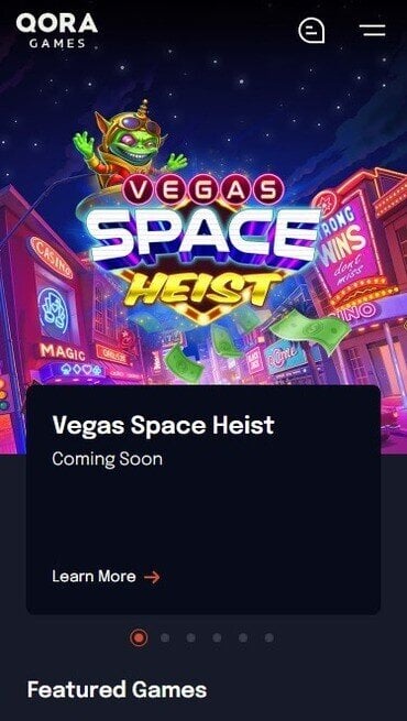 Qora Games’ homepage showing new slot releases like Vegas Space Heist and other featured games.