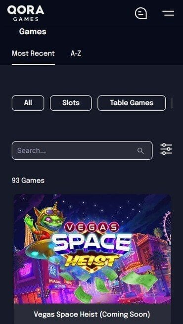 Qora Games’ vertically arranged library of slot games, with a search bar and filters for recency, A-Z, game metrics, and theme.