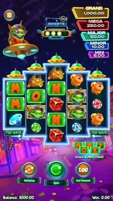 A still from Qora Games’ new Vegas Space Heist release, a sci-fi slot set around aliens invading Las Vegas.