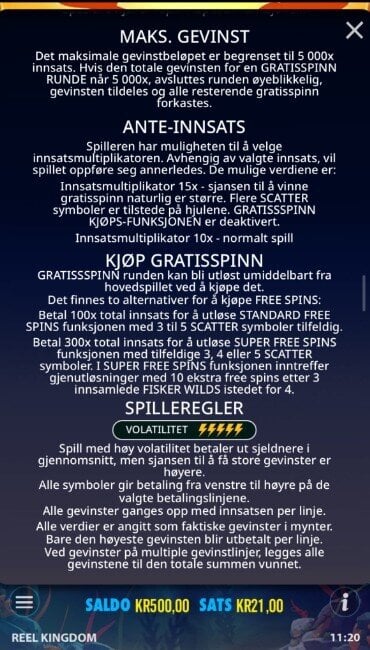 Skjermbilde av Big Bass Bonanzas informasjonseksjon hvor volatilitet oppgis