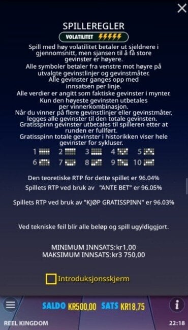 Skjermbilde av Big Burger informasjonseksjon hvor volatilitet oppgis