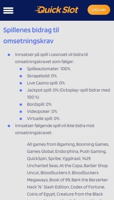 Bonusvilkår til Quick Slot casino hvor spilleautomater med lav volatilitet ekskluderes