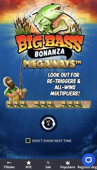 Skjermbilde av startsiden til spilleautomaten Big Bass Bonanza Megaways