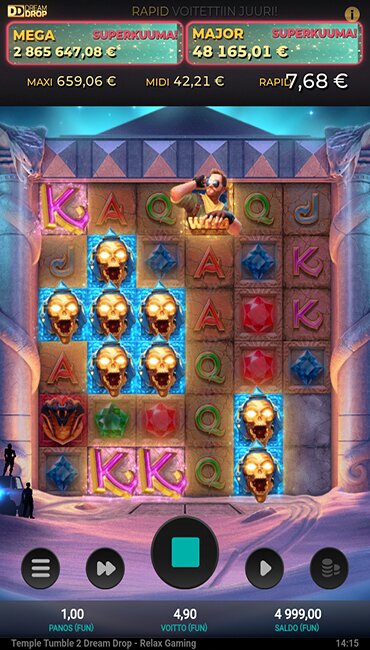 Voitto Temple Tumble 2 Dream Drop –kolikkopelin peruspelissä