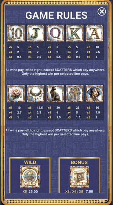 Discover the ten base game symbols in The Last Queen of Nile slot, along with the Wild and Bonus symbols.