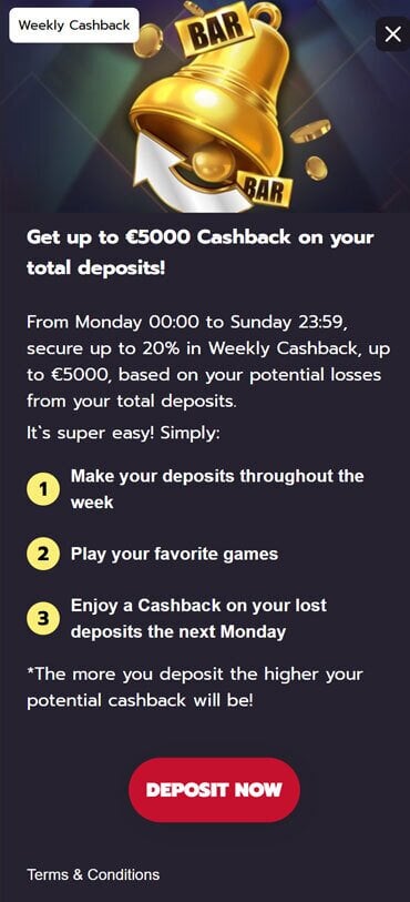 The weekly cashback at Valhalla Wins is paid out every monday on the player's lost deposits.