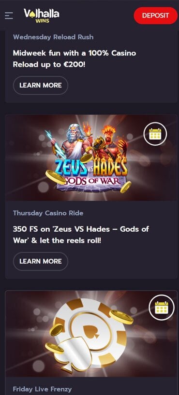 Valhalla Wins Casino offers daily promotions for slots and live casino players.