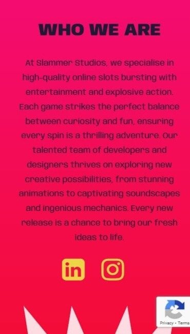 A still from Slammer Studios’ ‘about us’ page, with text explaining their approach to creating games and social media links.