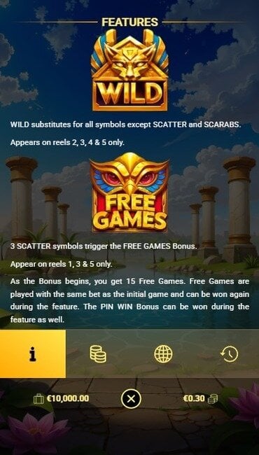 The 3 Tombs paytable explaining how wilds and scatter symbols work, and how to unlock free games.