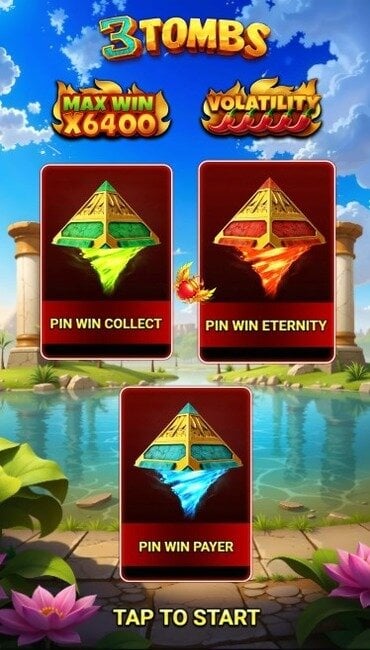 The intro to 3 Tombs by Amigo Gaming, showing its max win, volatility, and three pyramid bonuses.